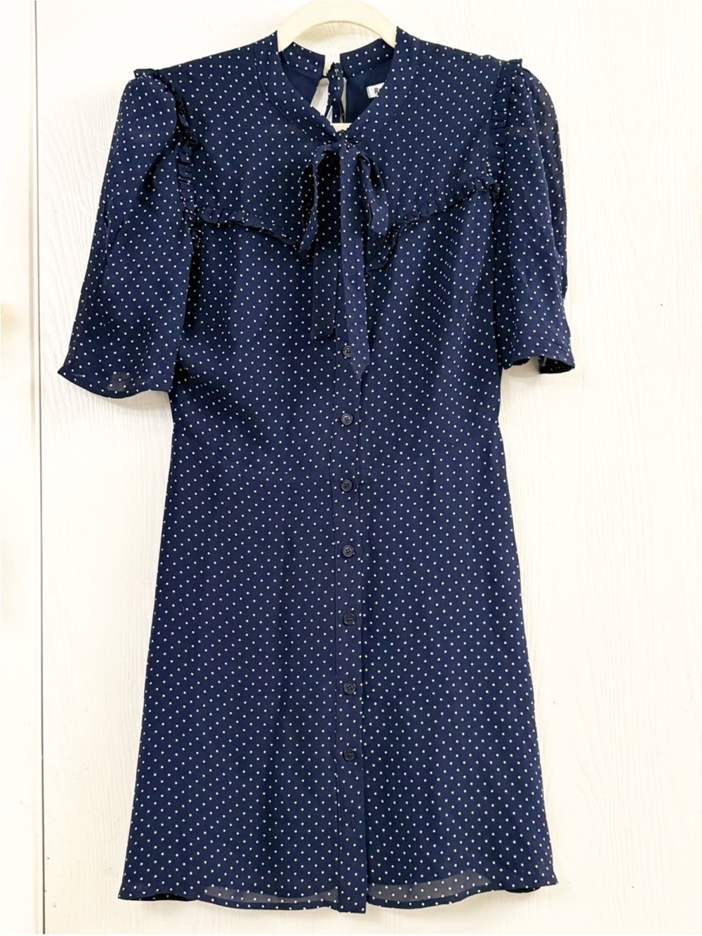 Reformation Navy and White Polka Dot Mini Dress Size 6